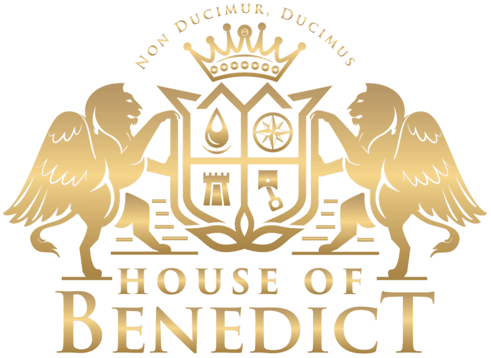 The Benedict family crest: a crowned shield flanked by winged lions
